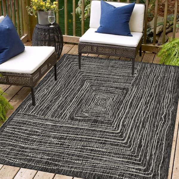 Kalina 9 ft. x 12 ft. Black and Ivory Indoor/Outdoor Area Rug