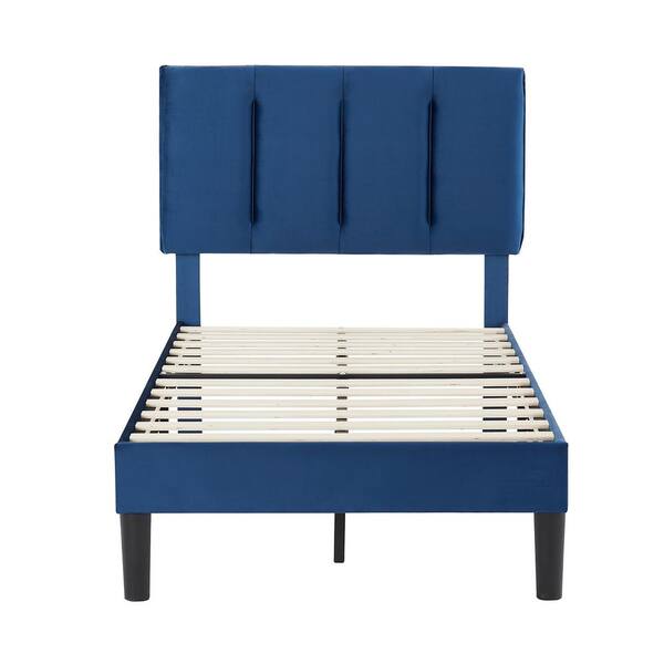 VECELO Twin Size Upholstered Platform Bed Frame With Button Tufted Headboard – Dark Blue, No Box Spring Needed