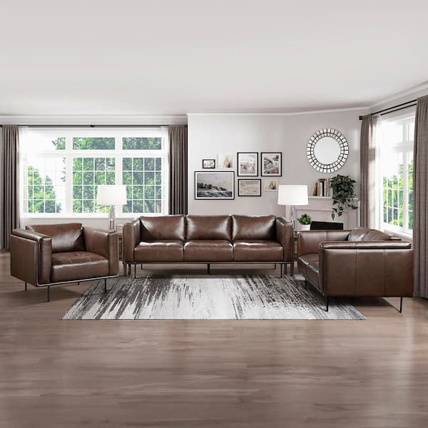 Lazzara Flint 88 in. W Straight Arm Leather Rectangle 3-Piece