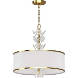 4-Light Antique Gold Island Drum Pendant Light with White Fabric Shade