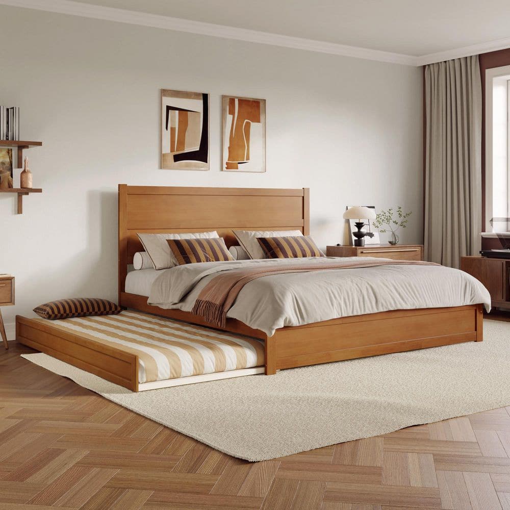Aveline Light Toffee Natural Bronze Wood Frame King Platform Bed with Matching Footboard and Twin XL Trundle