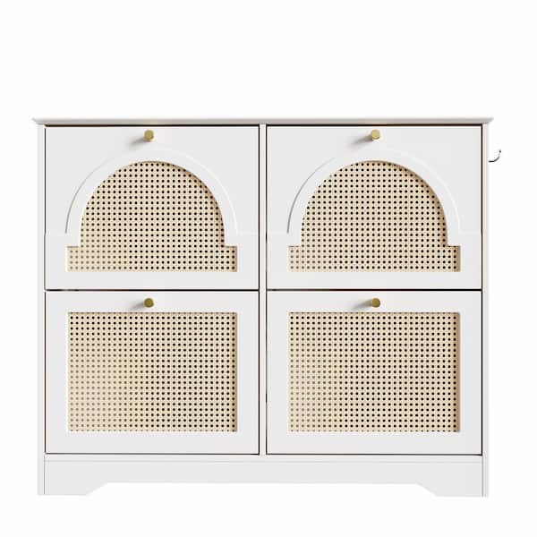 35.4 in. H x 42.1 in. W White MDF Shoe Storage Cabinet with 4-Flip Drawers and 4-Rattan Doors, 2-Silvery Hooks