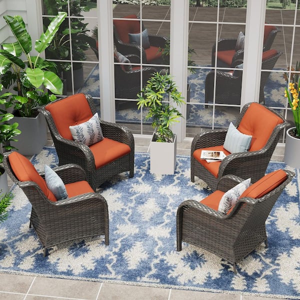 JOYSIDE Ergonomic Arm 4-Piece Patio Wicker Outdoor Lounge Chair with Orange Cushions