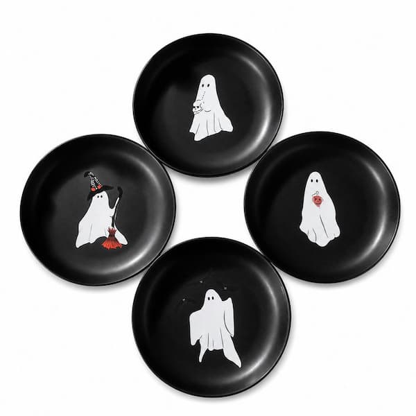 4-Pack Halloween Ceramic Stoneware Appetizer Plates 6.75 Inch Ghost Design Dessert Plates Reusable Decor