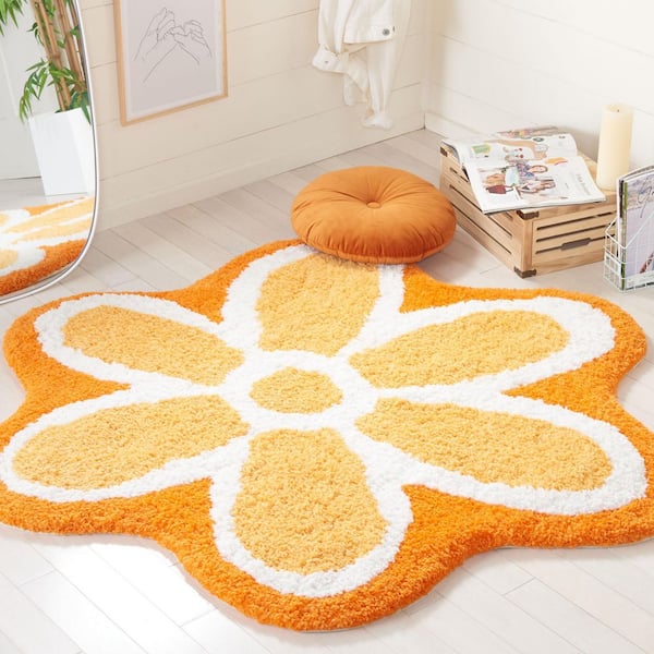 Novelty 4 ft. x 4 ft. Ivory/Orange Floral Round Area Rug