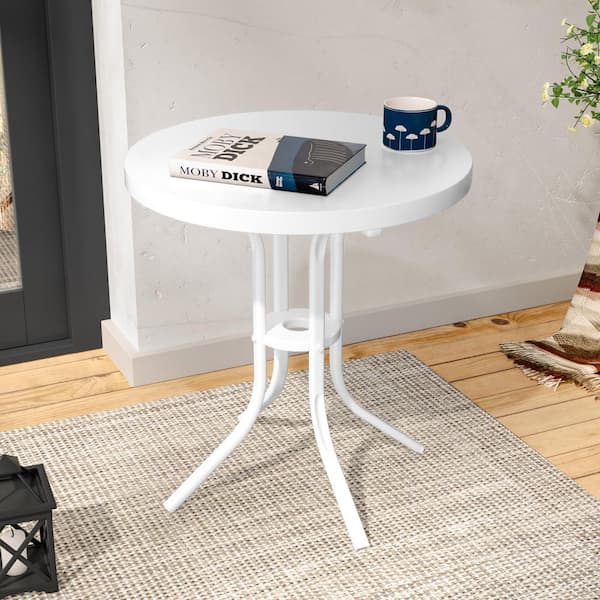 Patio White Round Metal Frame Outdoor Side Table for Room, Bedside, Porch, Balcony and Deck