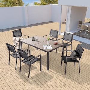 7 Pieces Dining Table Set Outdoor Steel and Textilene Furniture Set, HIPS Material Tabletop for Balcony, Porch, Black