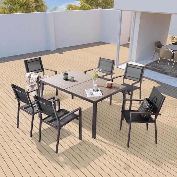 Sonkuki 7 Pieces Patio Dining Set with Rectangle Table and Stackable Textilene Chairs, Black