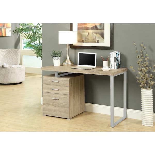 HomeRoots 48 in. Rectangular Natural/Silver 3 Drawer Computer Desk with File Storage