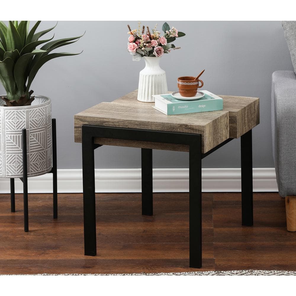 Rustic Oak & Black Metal Dual-Tier End Table