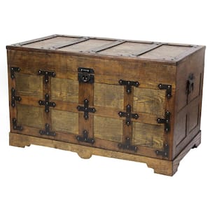 Rustic Natural Wooden Streamer Trunk with Studded Detail, Medium