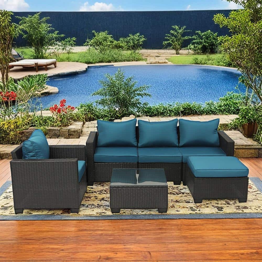 6-Piece Dark Brown Hand Woven PE Wicker Outdoor Patio Sectional Sofa Set wi
