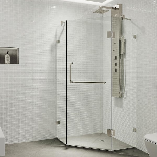 VIGO Piedmont 38 in. L x 38 in. W x 73 in. H Frameless Pivot Neo-angle Shower Enclosure in Brushed Nickel with Clear Glass