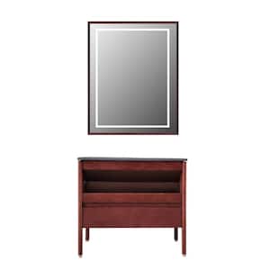 36 in. W x 22 in. D x 32 in. H Single Sink Freestanding Bath Vanity in Brownish with Black Rock Top and LED Mirror