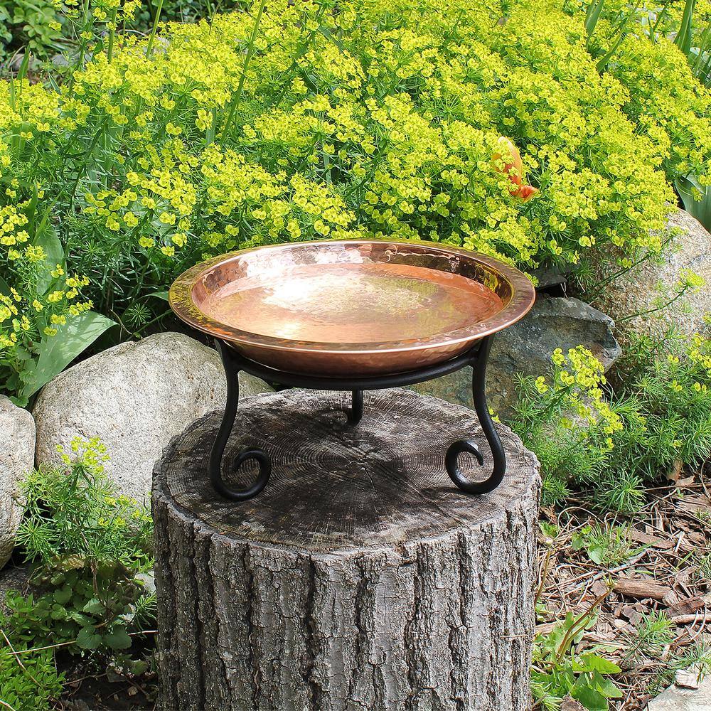 13" Hammered Copper Birdbath with Wrought Iron Stand