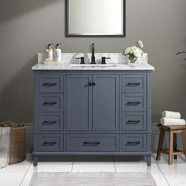 Merryfield 43 in. Single Sink Dark Blue-Grey Bath Vanity with White Carrara Marble Top (Assembled)
