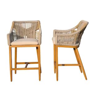 2-Piece Teak Aluminum Outdoor Bar Stool Chairs with Khaki Cushion, Rope for Garden, Pool, Patio