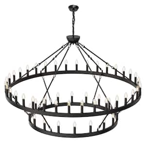 60 in. 54-Light Extra Large Black Wagon Wheel Chandeliers, 2 Tier Farmhouse Pendant Light for Dining Room Living Room