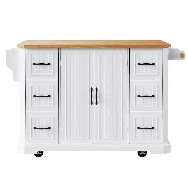 H2O 56 in. White Kitchen Cart Island with Rubber Wood Veneer Drop Leaf, Power Outlet, Door Shelves, Drawers and Wheels