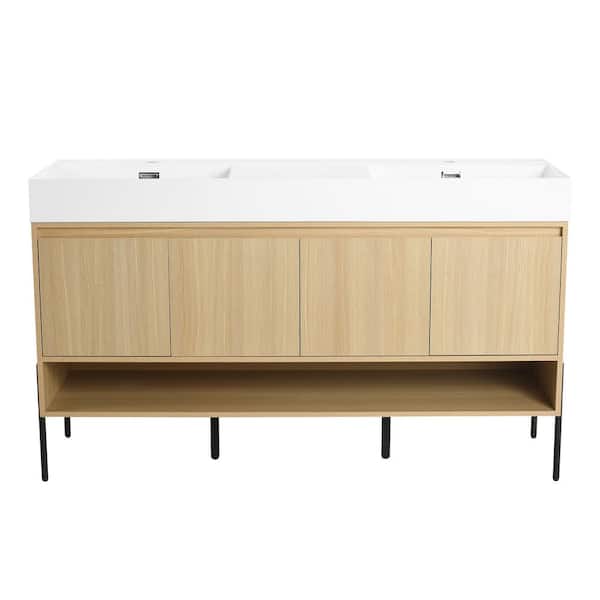 59 in. Double Sinks Freestanding Oak Bath Vanity with White Cultured Marble Top Unassembled