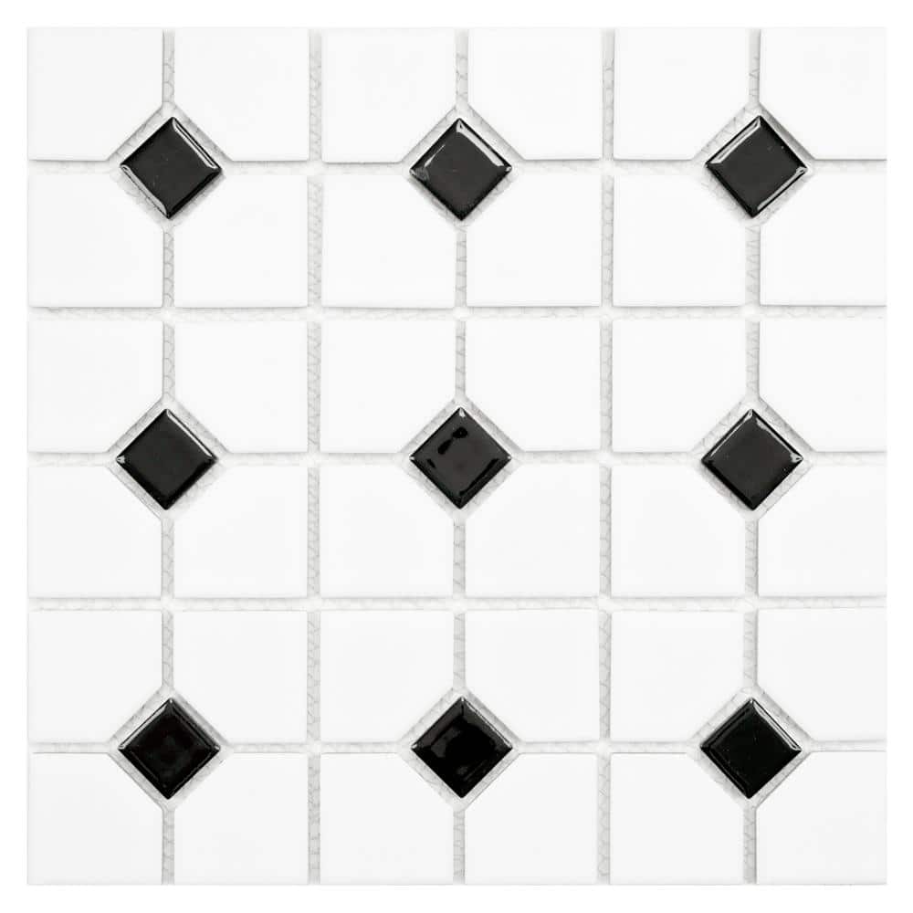 Merola Tile Oxford Matte White with Black Dot 11-1/2 in. x 11-1/2 in. Porcelain Mosaic Tile (9.4 sq. ft./Case) -  FKOOX601