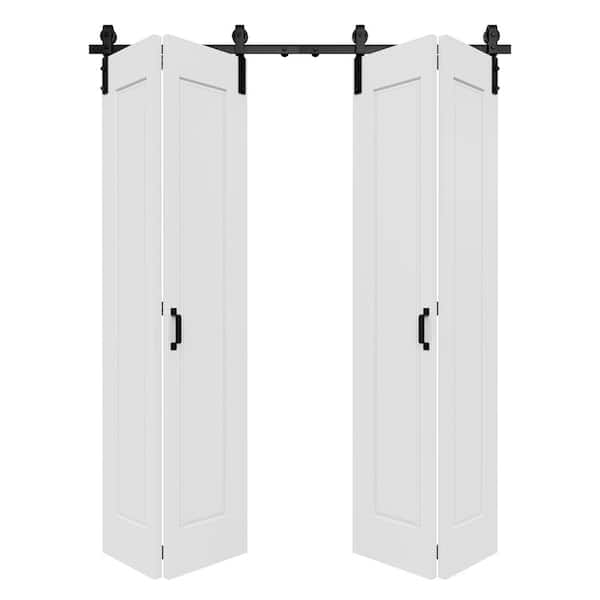 64 in. x 84 in. Paneled 1-Lite White Primed Hollow Core MDF Composite Bi-fold Door with Bifold Barn Door Hardware