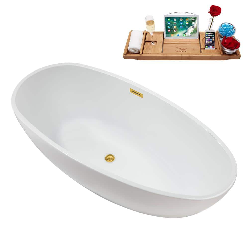 67" Glossy White Acrylic Freestanding Soaking Bathtub with Polished Gold Trim