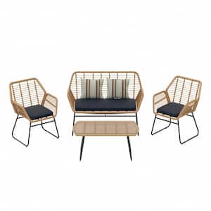 MOLLY 4-Piece Wicker Patio Conversation Set with Navy Cushions