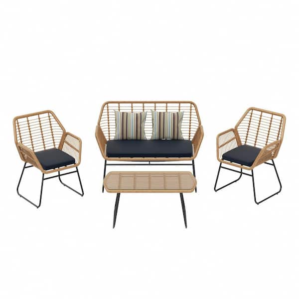 WESTIN OUTDOOR Molly 4-Piece Wicker Outdoor Patio Conversation Seating Set with Removeable Navy Cushions