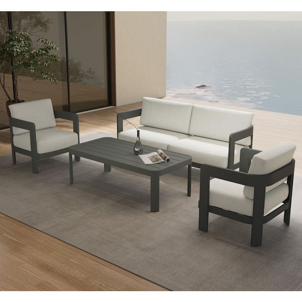 4-Piece Gray Aluminum Outdoor Patio Conversation Furniture Set with Beige Cushions, Weather and Rust Resistant, Seats 5