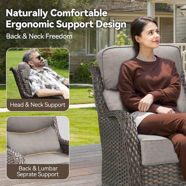 MoonLuxe Brown Wicker Fire Pit Conversation Set with Gray Olefin 6 In. Thick Cushions Patio Swivel Chairs (9-Piece)