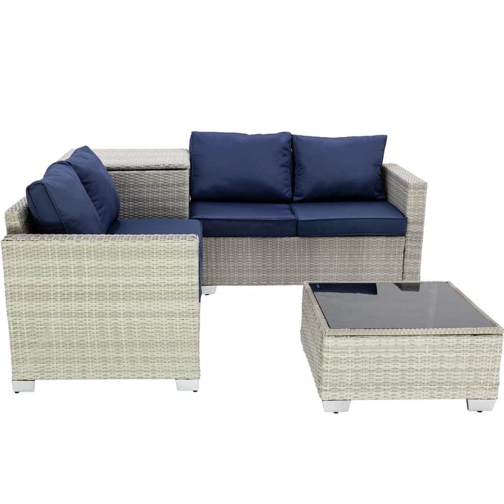 4-Piece Gray-White Hand-Woven Rattan Wicker Patio Conversation Set with Dar