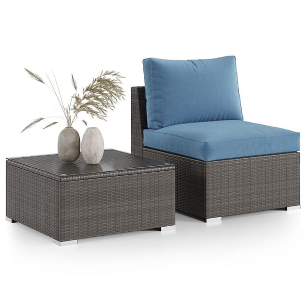 Unbranded 2-Piece Wicker Outdoor Sectional Set, Patio Furniture Sets with Coffee Table and Blue Water Resistance Cushions