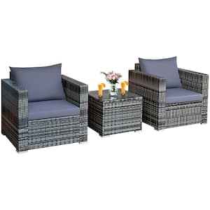 3-Piece Patio Wicker Furniture Outdoor Bistro Set Cushioned Sofa Chair Glass Table Garden with Gray Cushions