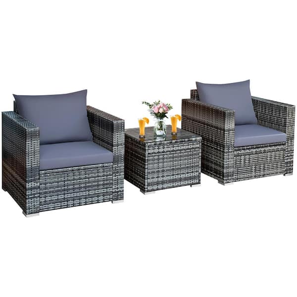 Costway 3-Piece Patio Wicker Furniture Outdoor Bistro Set Cushioned Sofa Chair Glass Table Garden with Gray Cushions