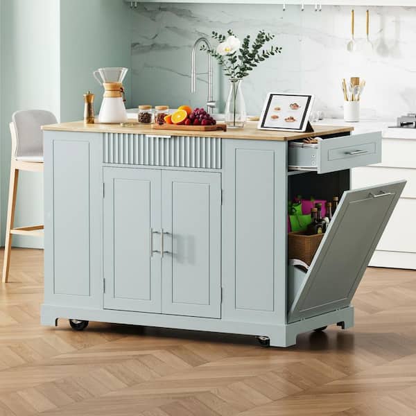 Runesay Fluted Power Outlet Gray Blue Wood 48.5 in. Rolling