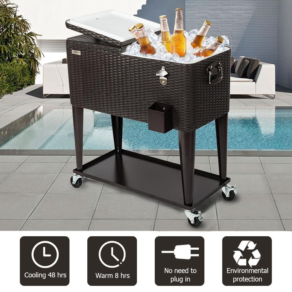 VINGLI 80 Quart Black Rattan Rolling Cooler with Shelf