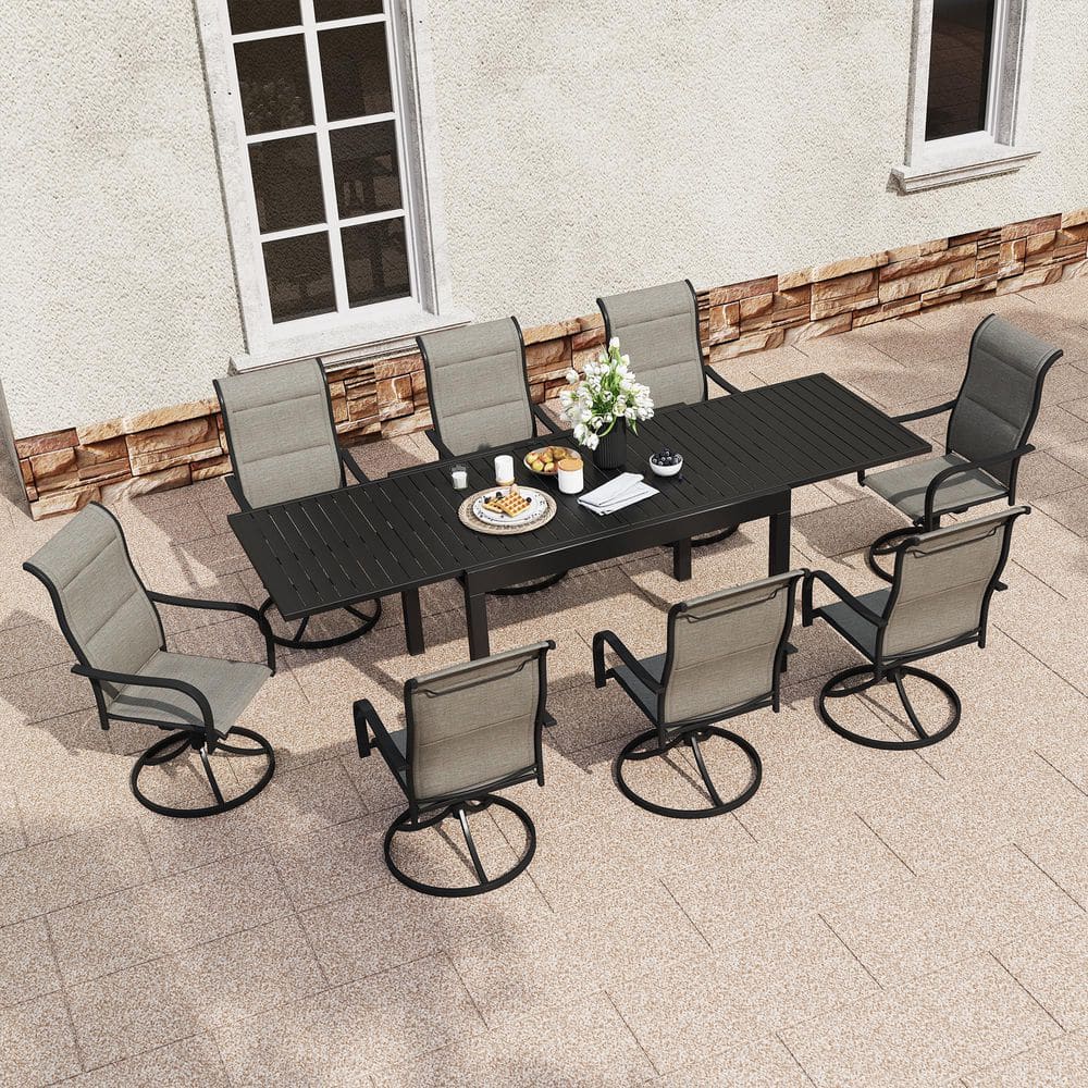 9-Piece Metal Outdoor Dining Set with Extendable Dining Table & 8 Swivel Chairs, Rust-Resistant, Black, Garden Deck Use