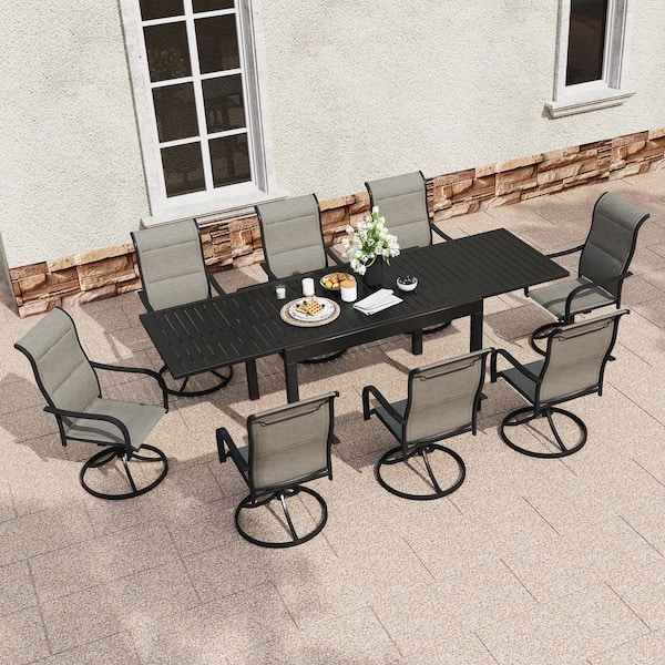9-Piece Metal Outdoor Dining Set with Extendable Dining Table & 8 Swivel Chairs, Rust-Resistant, Black, Garden Deck Use