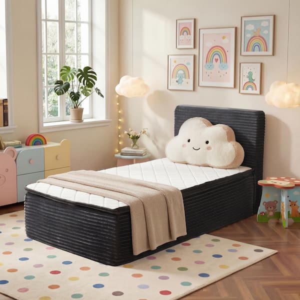 Zuke Gray Plush Corduroy Memory Foam Frame Twin Size Upholstered Platform Bed in a Box with No Assembly Required
