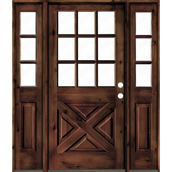 Krosswood Doors 60 in. x 80 in. Alder 2 Panel Left-Hand/Inswing Clear Glass Red Mahogany Stain Wood Prehung Front Door w/Double Sidelite