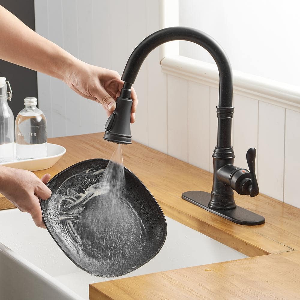 Matte Black Single-Handle Pull-Down Kitchen Faucet with Deck Plate