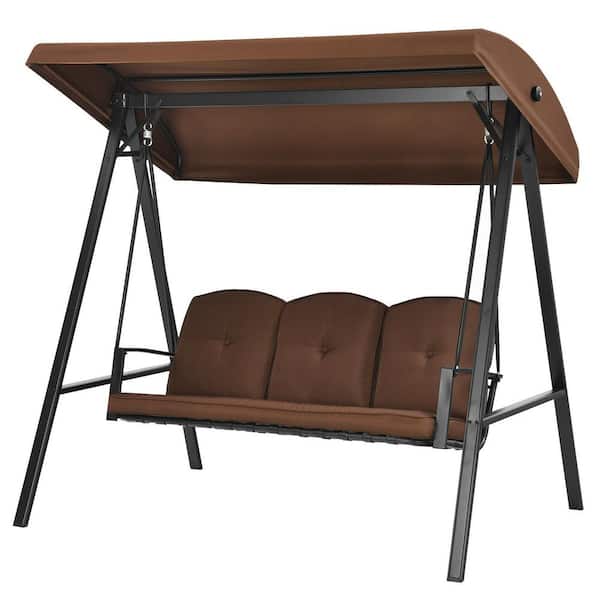 WELLFOR Outdoor 3-Seat Porch Swing with Adjust Canopy and Cushions-Coffee
