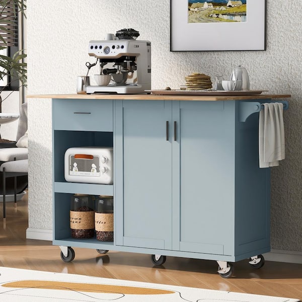 Unbranded Blue Wood 49.02 in. W Rolling Kitchen Island with Foldable Counter Top and Slide-Out Shelf