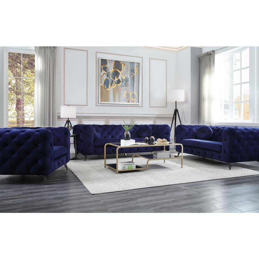 Elegant Blue Velvet Tufted Sofa with Chrome Legs, 86 in