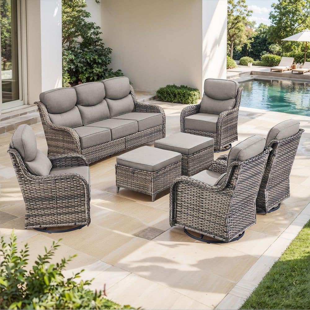 NovaSwivel Gray 7-Piece Wicker Patio Conversation Swivel Glider Set Outdoor Seating Set with 6 in. Gray Cushions price history on PriceWatchPro