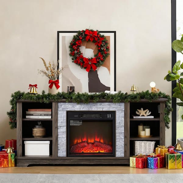 58 in. W Freestanding Wooden Modern Electric Fireplace TV Stand with Faux Stacked Stone Surround in Grey