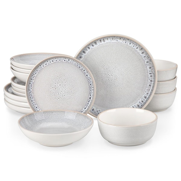 16-Piece Cream White and Beige Stoneware Dinnerware Set Service for 4-Bowls and Plates Set Tableware Dinner Set
