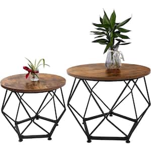 Metal Round Outdoor Coffee Table Dining Table Set of 2 with Wood Table Top for Living Room