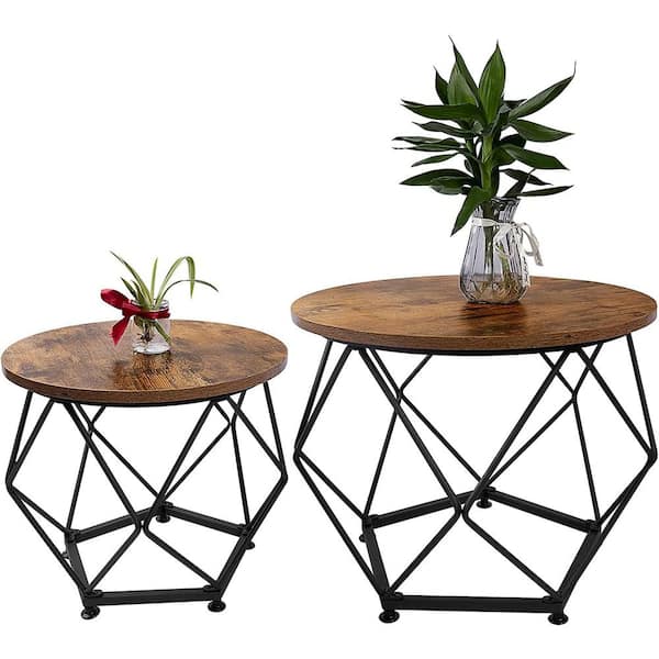 Cesicia Metal Round Outdoor Coffee Table Dining Table Set of 2 with Wood Table Top for Living